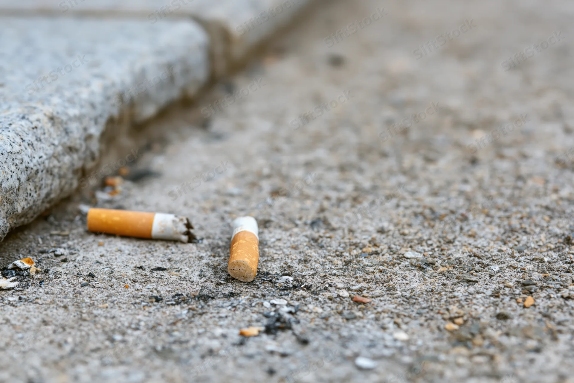 Two discarded cigarette butts on rough concrete pavement