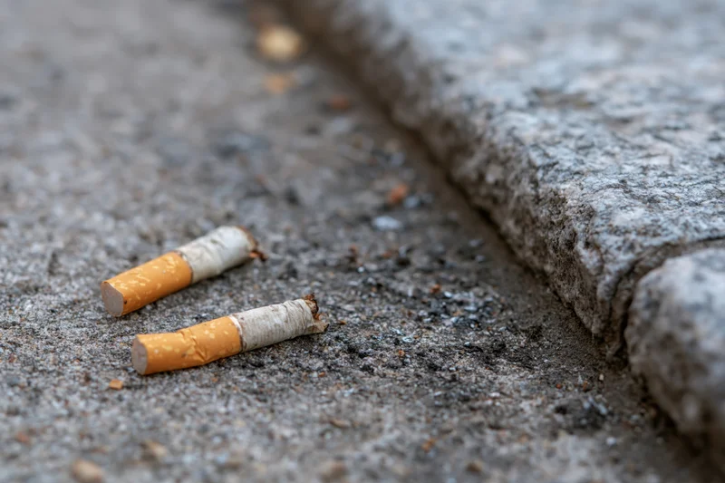 Two discarded cigarette butts on rough concrete pavement near a curb