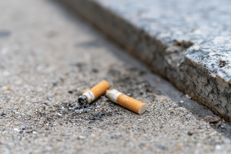 Two discarded cigarette butts lying on rough concrete pavement