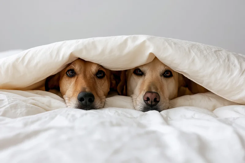 Two dogs peeking out from under a white duvet on a bed