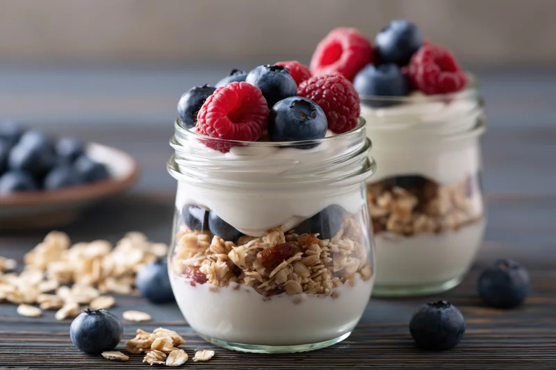 Two glass jars layered with granola, yogurt and fresh berries on a dark wooden table
