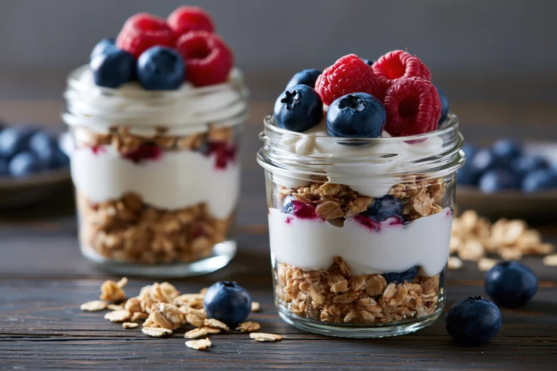 Two glass jars filled with layered granola, yogurt and fresh berries on a dark wooden table