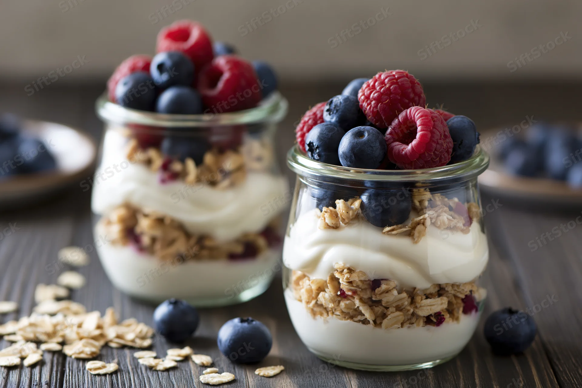 Two glass jars layered with yogurt, granola and fresh berries on a dark wooden table