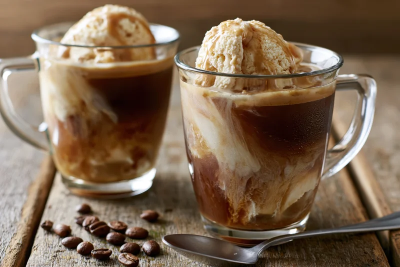 Two glass mugs filled with affogato-style iced coffee and ice cream scoops on a wooden tray with coffee beans and a spoon