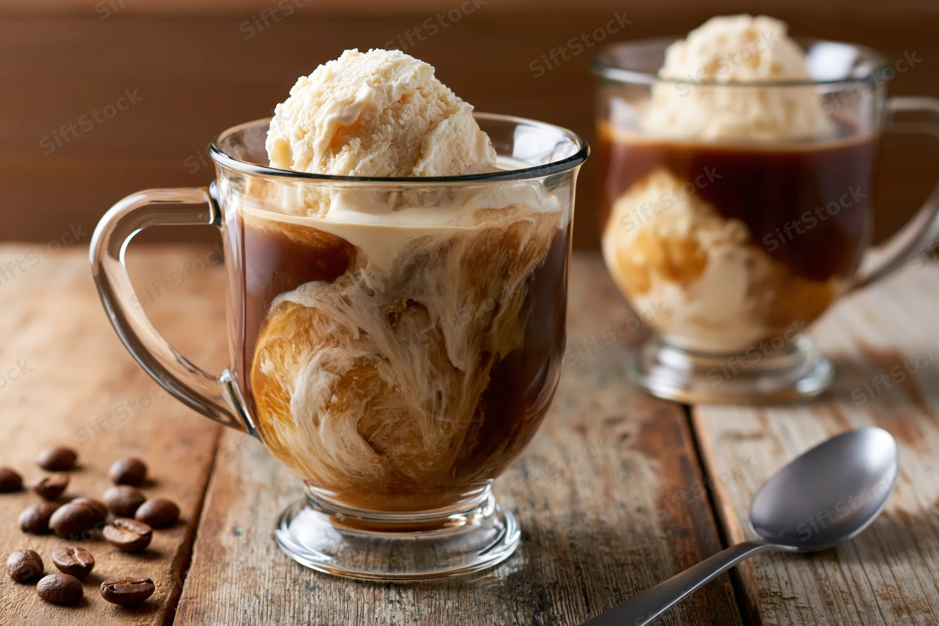 Two glass mugs filled with affogato-style iced coffee and vanilla ice cream on a wooden table with coffee beans and a spoon nearby