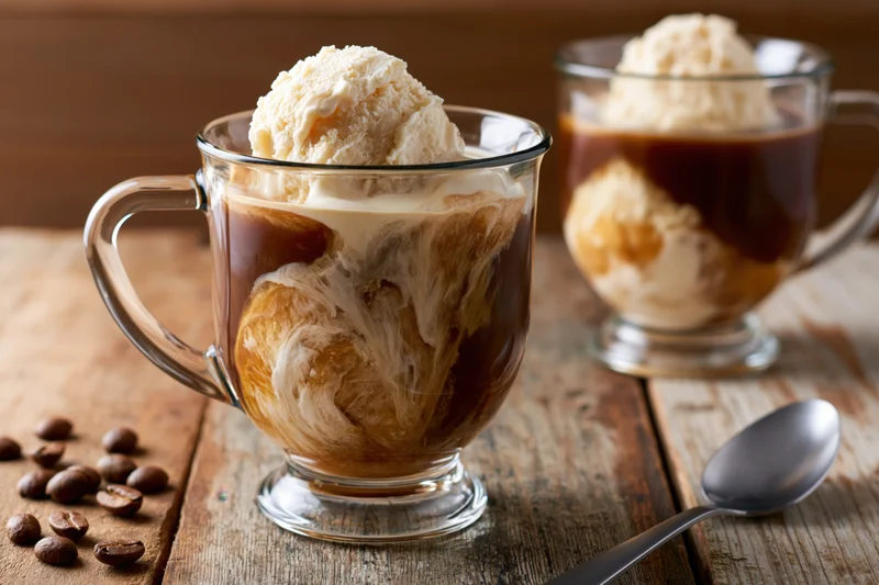 Two glass mugs filled with affogato-style iced coffee and vanilla ice cream on a wooden table with coffee beans and a spoon nearby