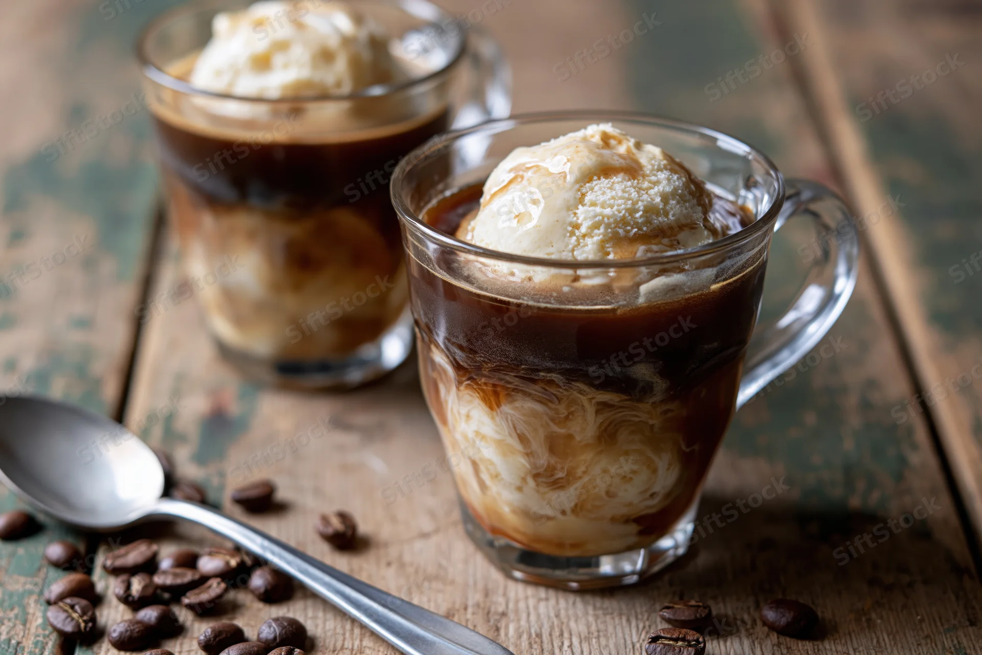 Two glass mugs of affogato-style iced coffee with vanilla ice cream scoops on a rustic wooden table surrounded by coffee beans and a spoon