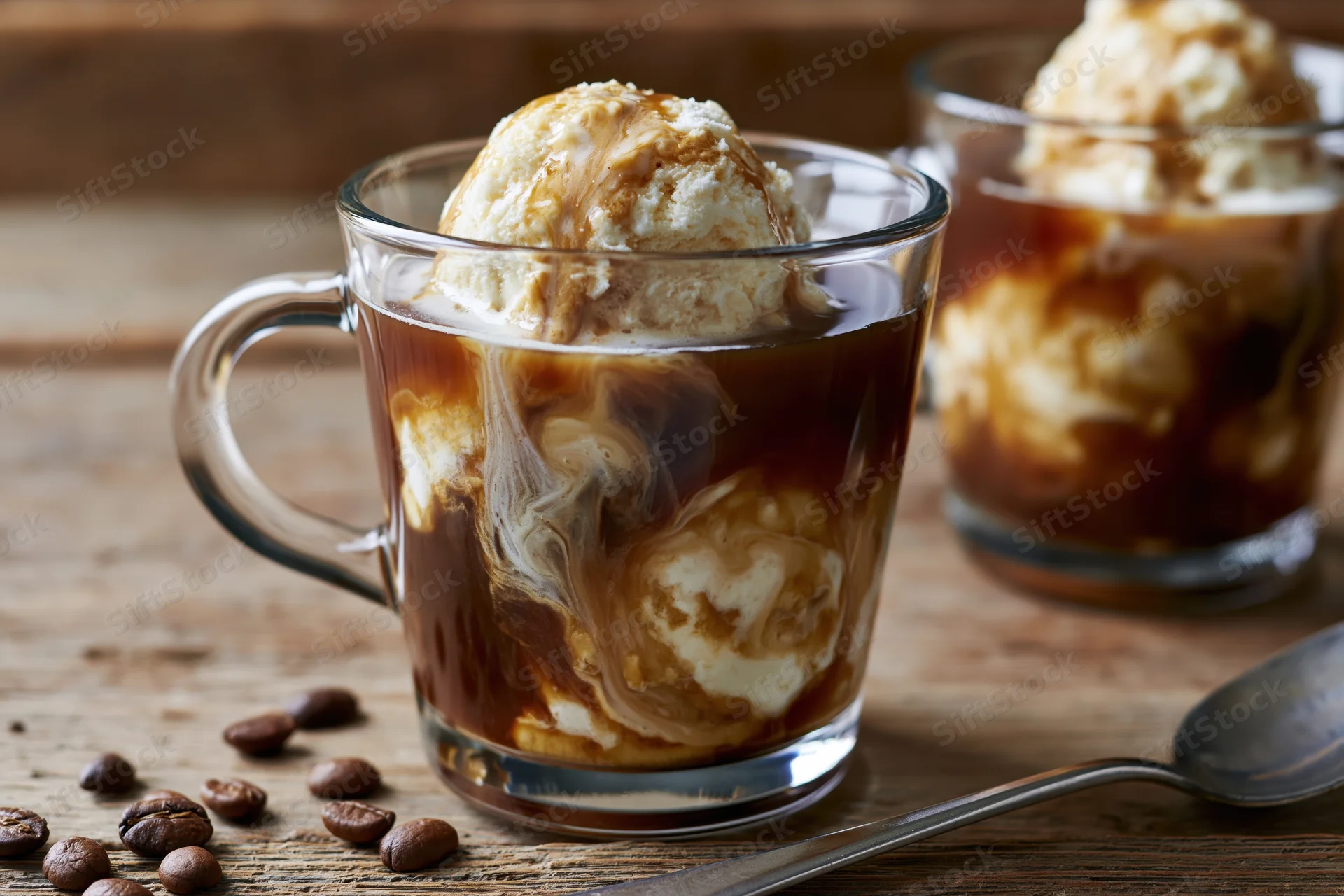 Two glass mugs filled with affogato-style iced coffee and vanilla ice cream topped with caramel swirl on a wooden table with coffee beans and a spoon nearby