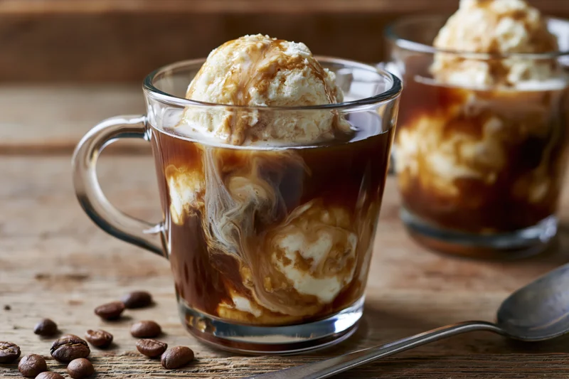 Two glass mugs filled with affogato-style iced coffee and vanilla ice cream topped with caramel swirl on a wooden table with coffee beans and a spoon nearby