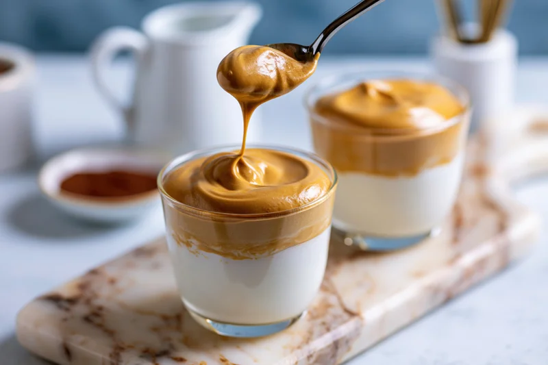 Spoon drizzling caramel foam onto dalgona coffee in glass cups on marble board