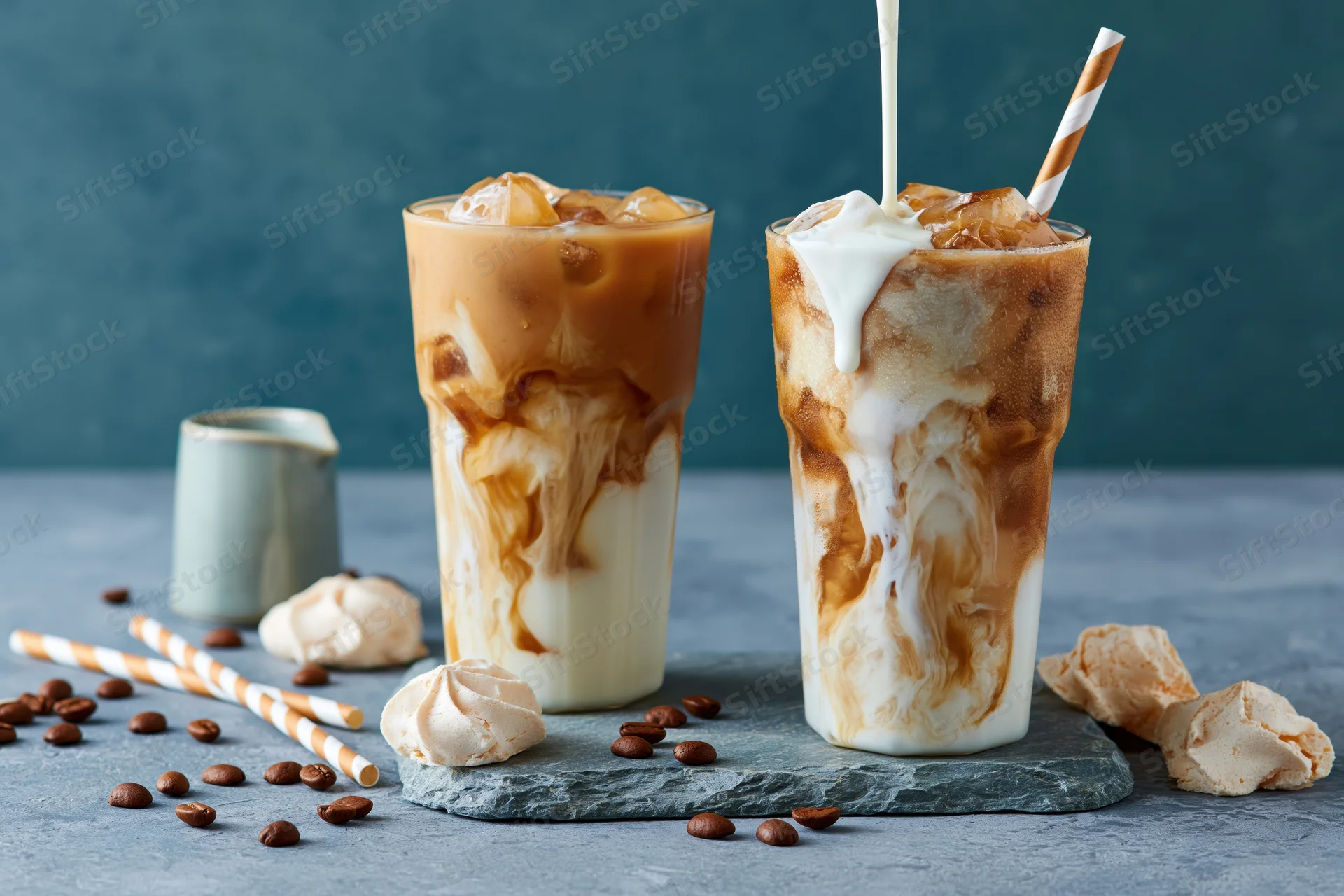 Two glasses of iced coffee with cream being poured over ice cubes on a slate tray with coffee beans and meringue around