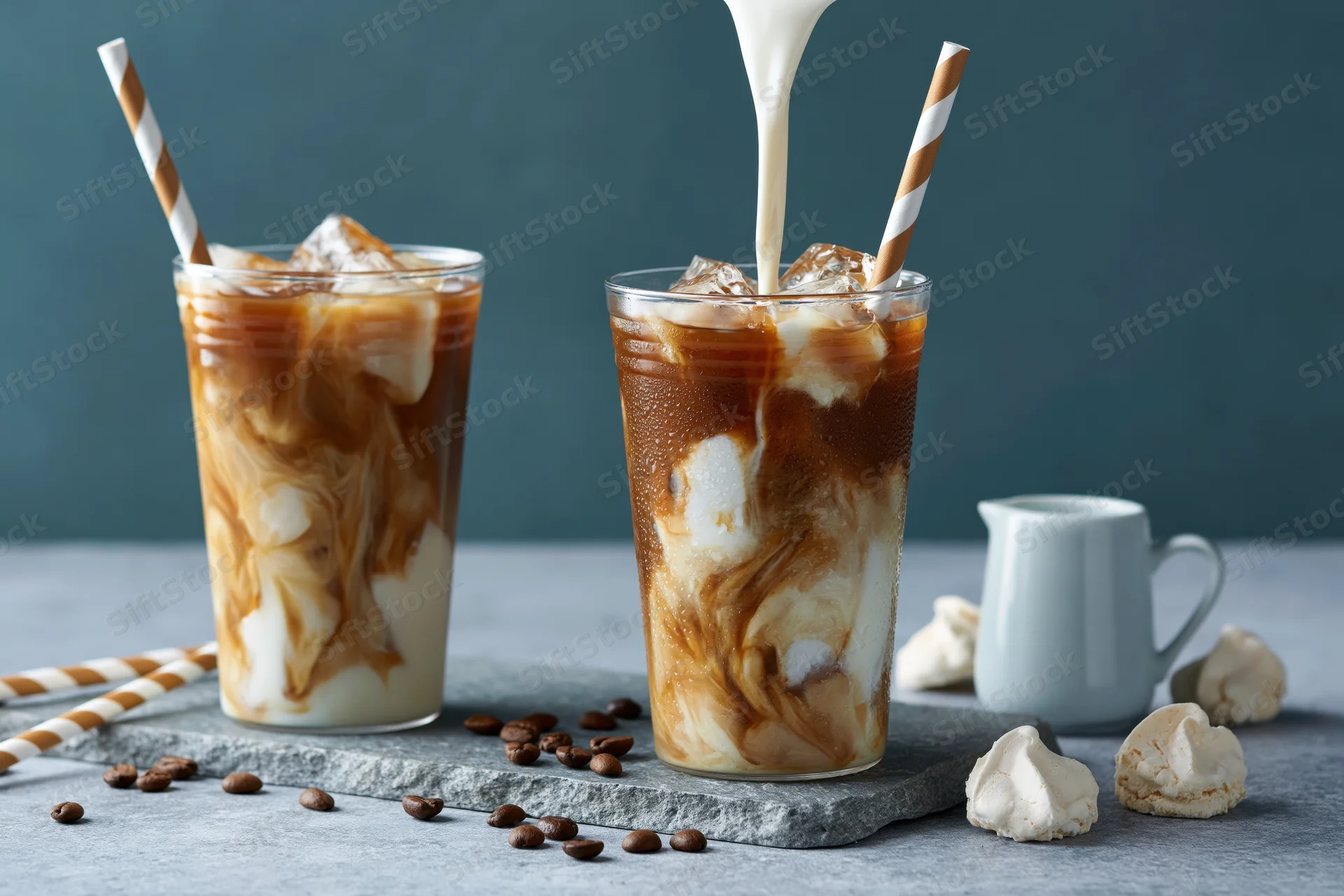 Cream being poured into iced coffee with ice cubes in glasses on a slate surface