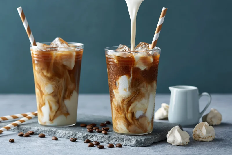 Cream being poured into iced coffee with ice cubes in glasses on a slate surface