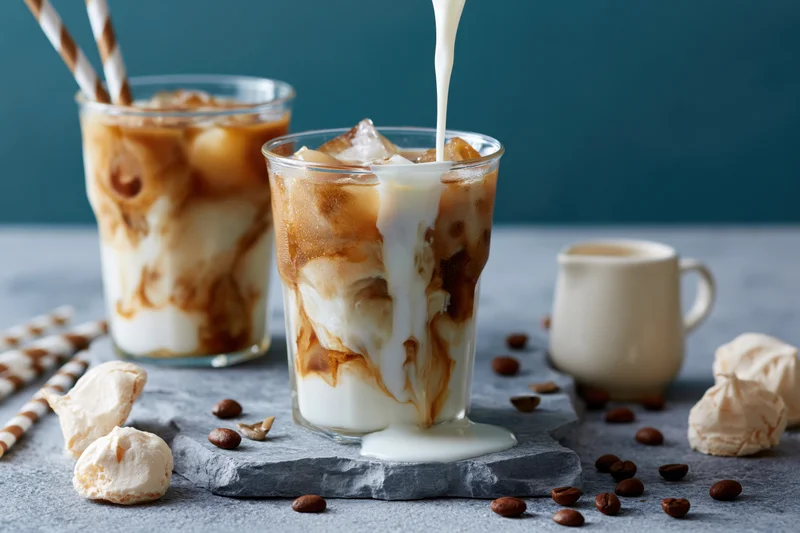 Cream being poured into iced coffee in a glass on a slate tray with coffee beans and meringue around
