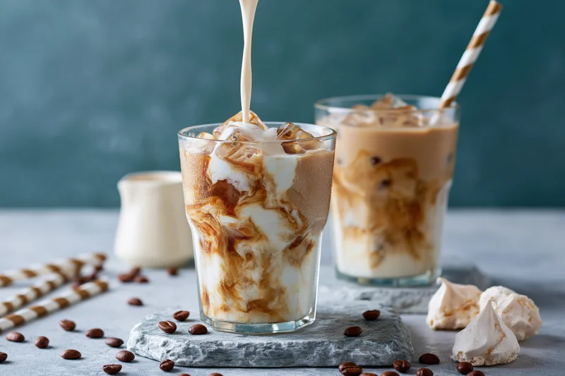 Cream being poured into a glass of iced coffee with ice cubes on a marble slab surrounded by coffee beans and meringue pieces