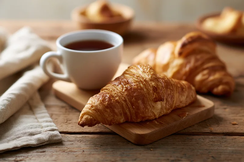 Two golden-brown croissants on a wooden board beside a white cup of tea on a rustic table