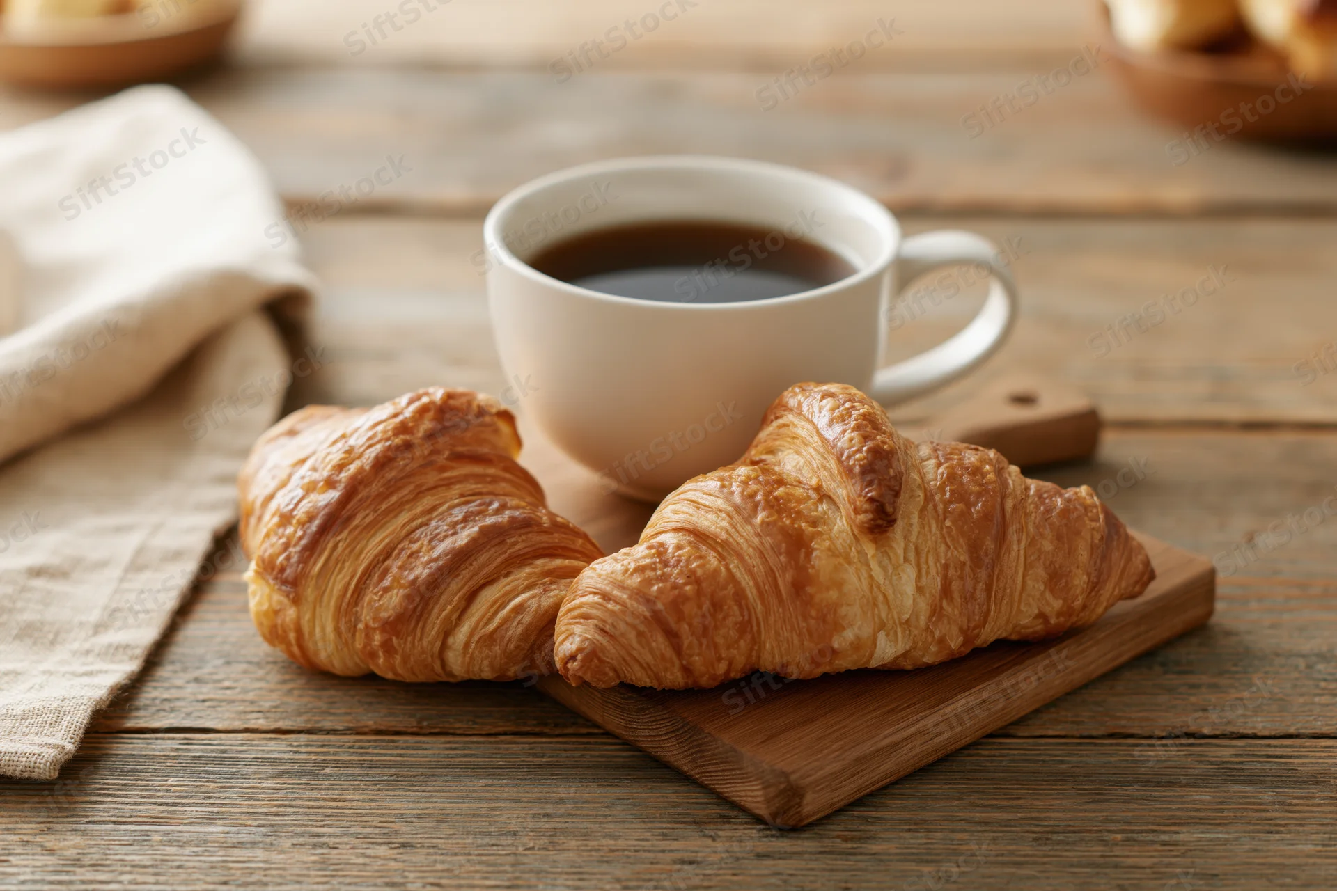 Two golden-brown croissants and a cup of coffee on a wooden board on a rustic table