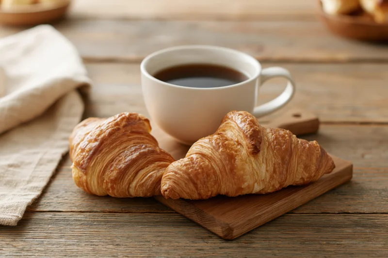 Two golden-brown croissants and a cup of coffee on a wooden board on a rustic table