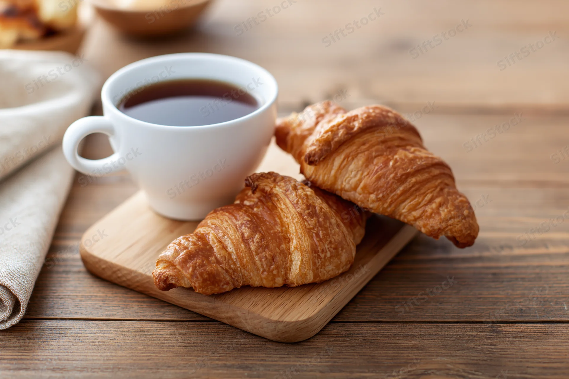 Two golden-brown croissants and a white cup of coffee on a wooden board on a rustic table