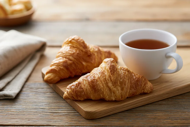 Two golden-brown croissants and a cup of tea on a wooden tray on a rustic table