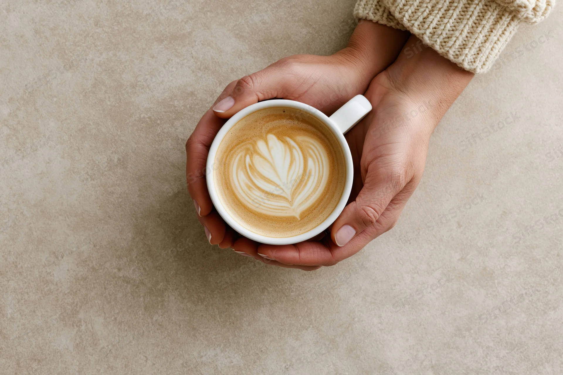 Hands holding a white ceramic cup of latte with leaf-shaped foam art on a beige surface