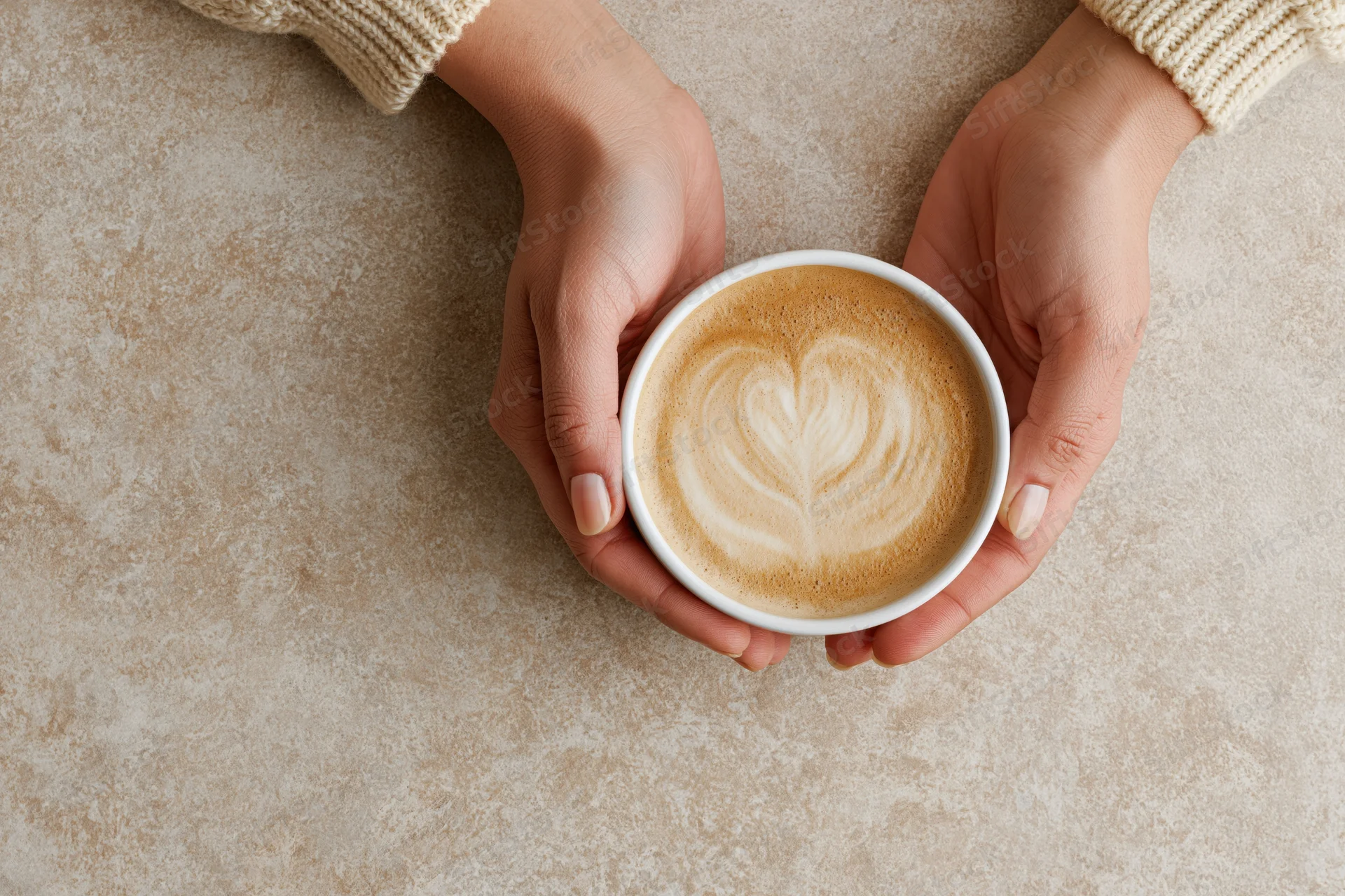 Hands cradling a white ceramic cup of latte with heart-shaped foam art on a stone surface