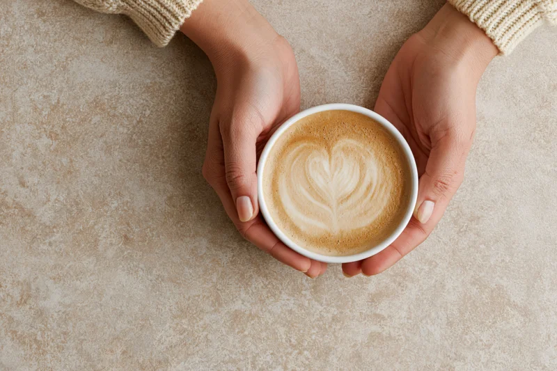 Hands cradling a white ceramic cup of latte with heart-shaped foam art on a stone surface