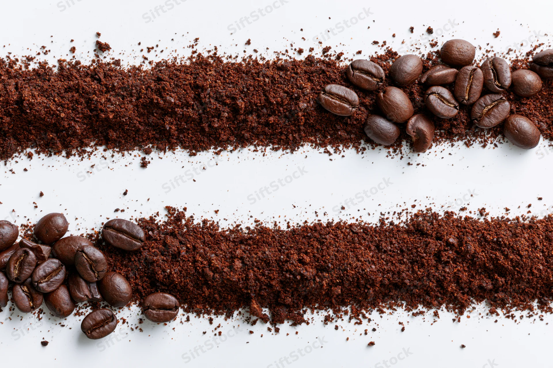 Two horizontal strips of ground coffee with whole beans scattered on white background