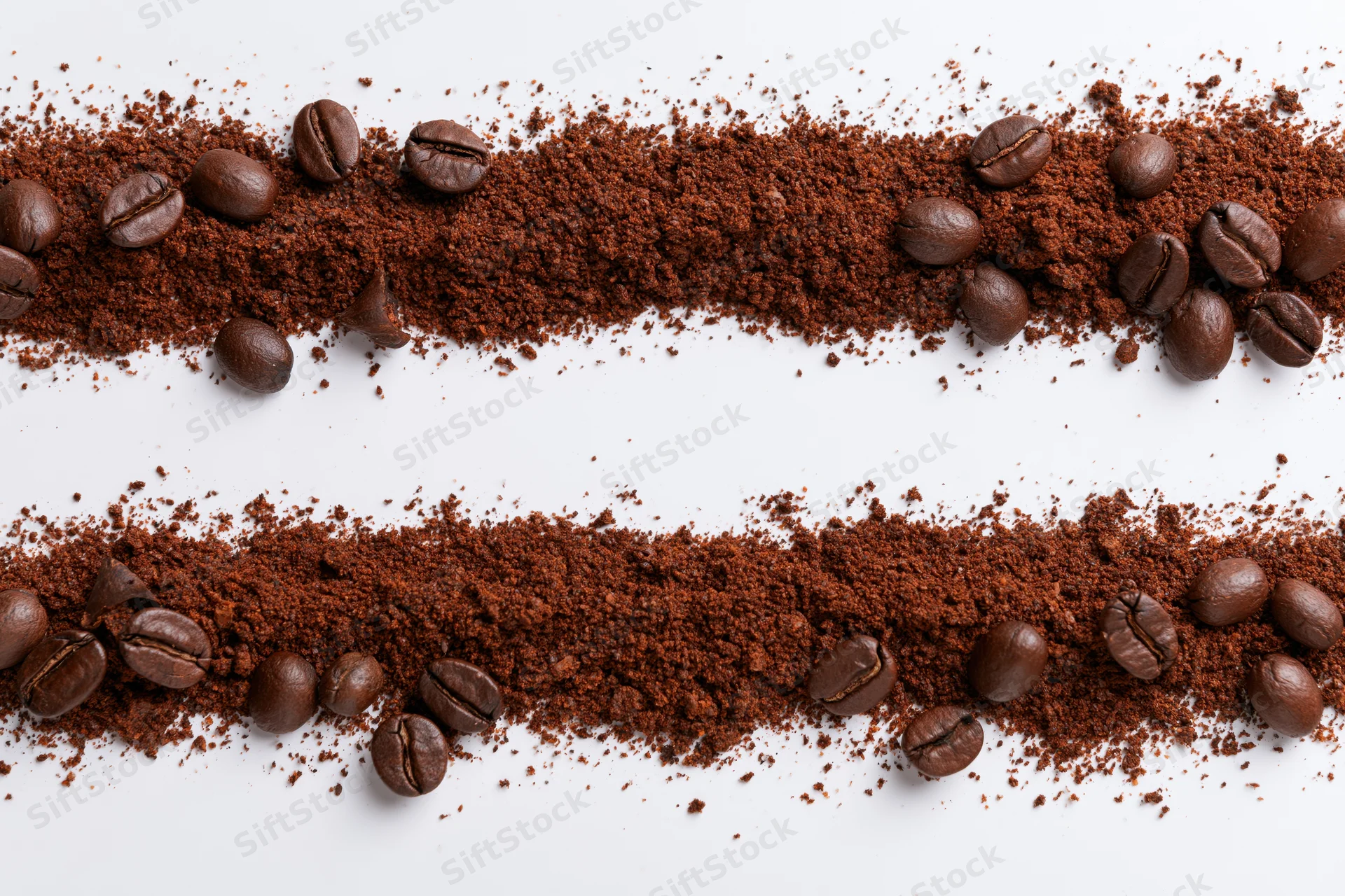 Two horizontal strips of ground coffee and whole beans scattered on white surface
