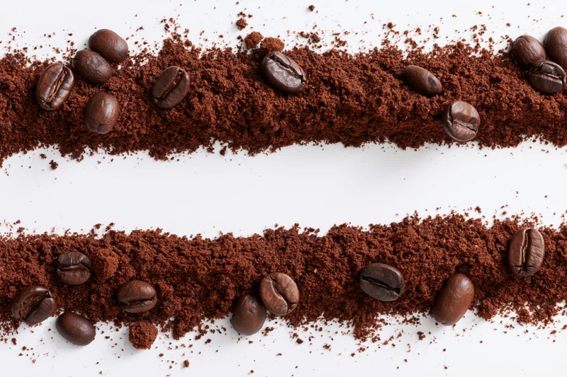 Two horizontal strips of ground coffee with whole beans scattered on white background