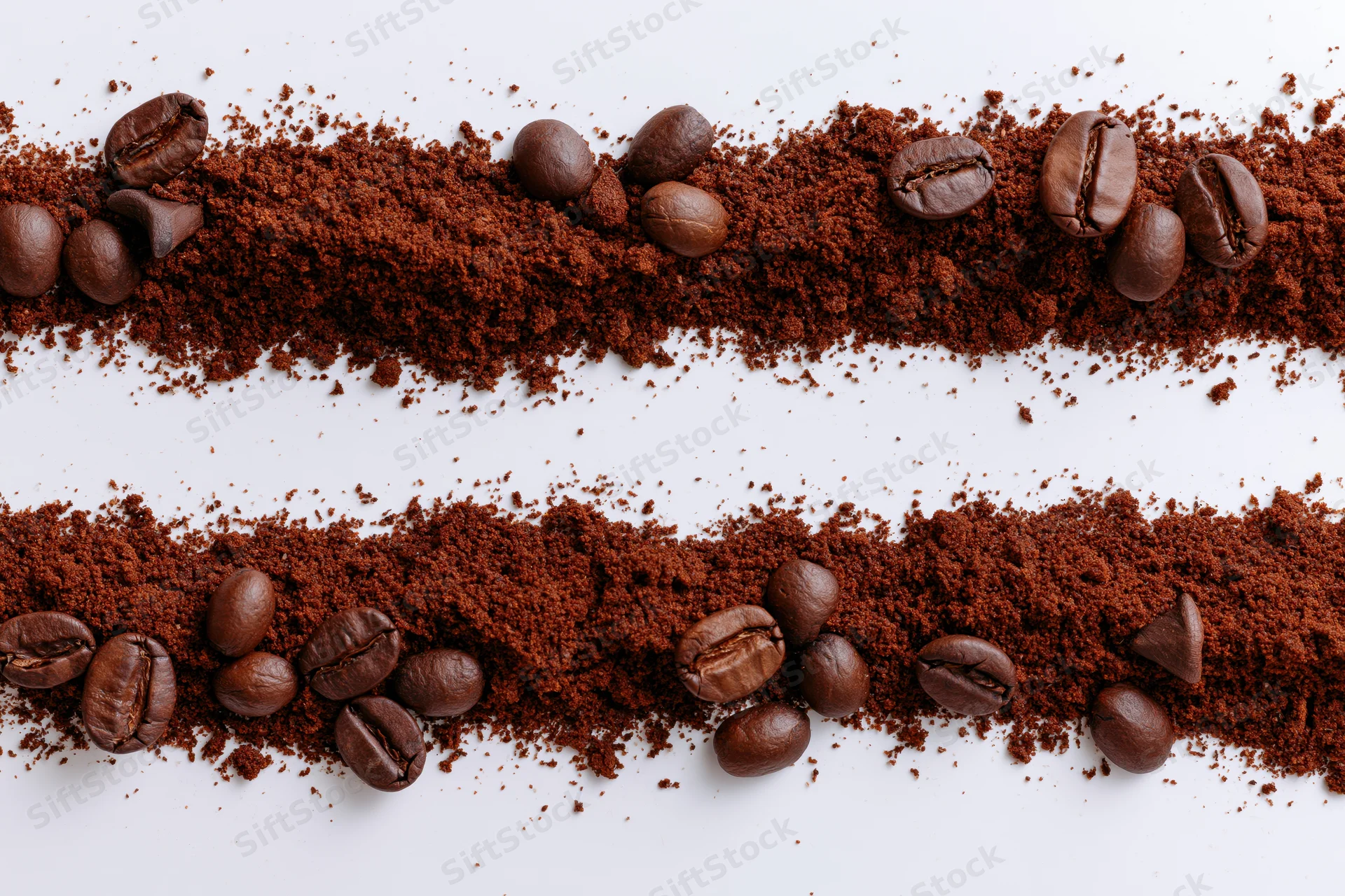 Two horizontal strips of ground coffee with whole beans scattered on white surface