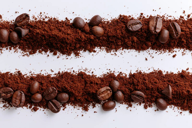 Two horizontal strips of ground coffee with whole beans scattered on white surface