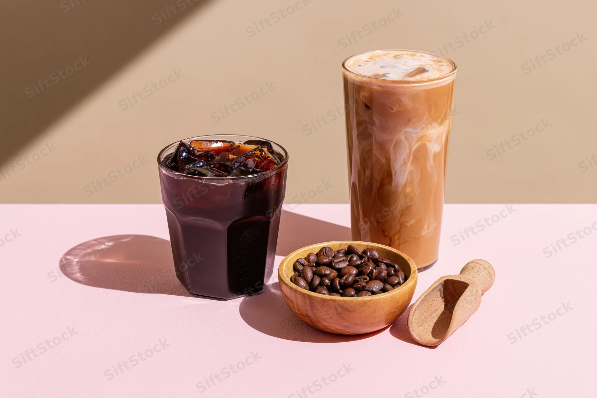 Two iced coffee drinks with coffee beans and wooden scoop on a pink surface