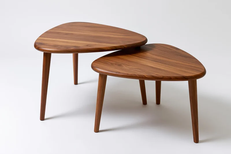 Two midcentury modern nesting coffee tables made of walnut wood with rounded triangular tops and tapered legs on a white background
