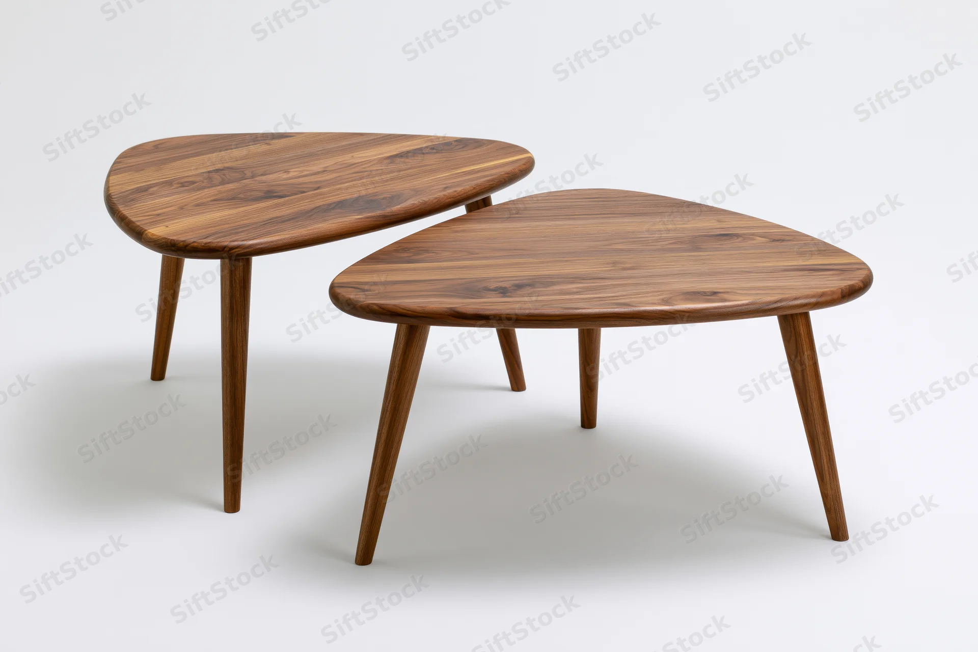Two mid-century modern wooden nesting coffee tables with triangular tops and tapered legs on white background