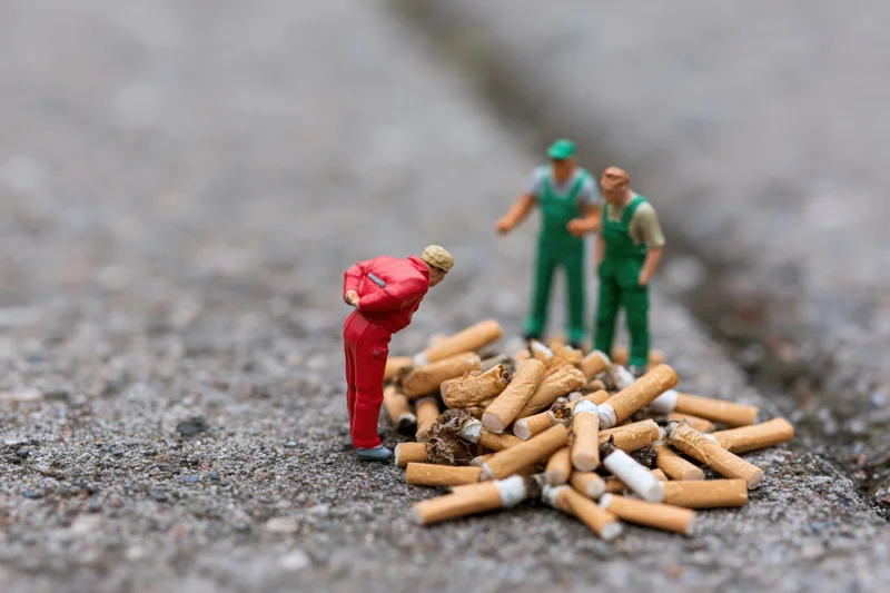 Miniature figurines cleaning up cigarette butts on pavement