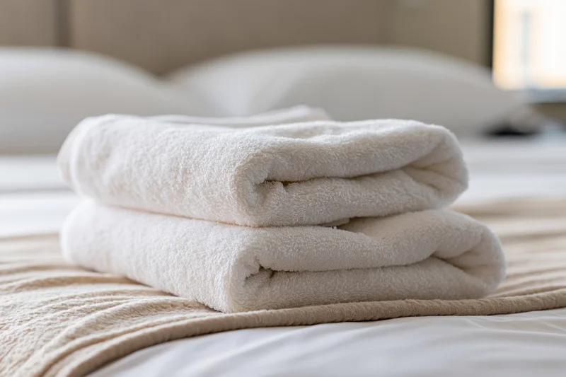 Two neatly folded white terry towels stacked on a made bed in a hotel room