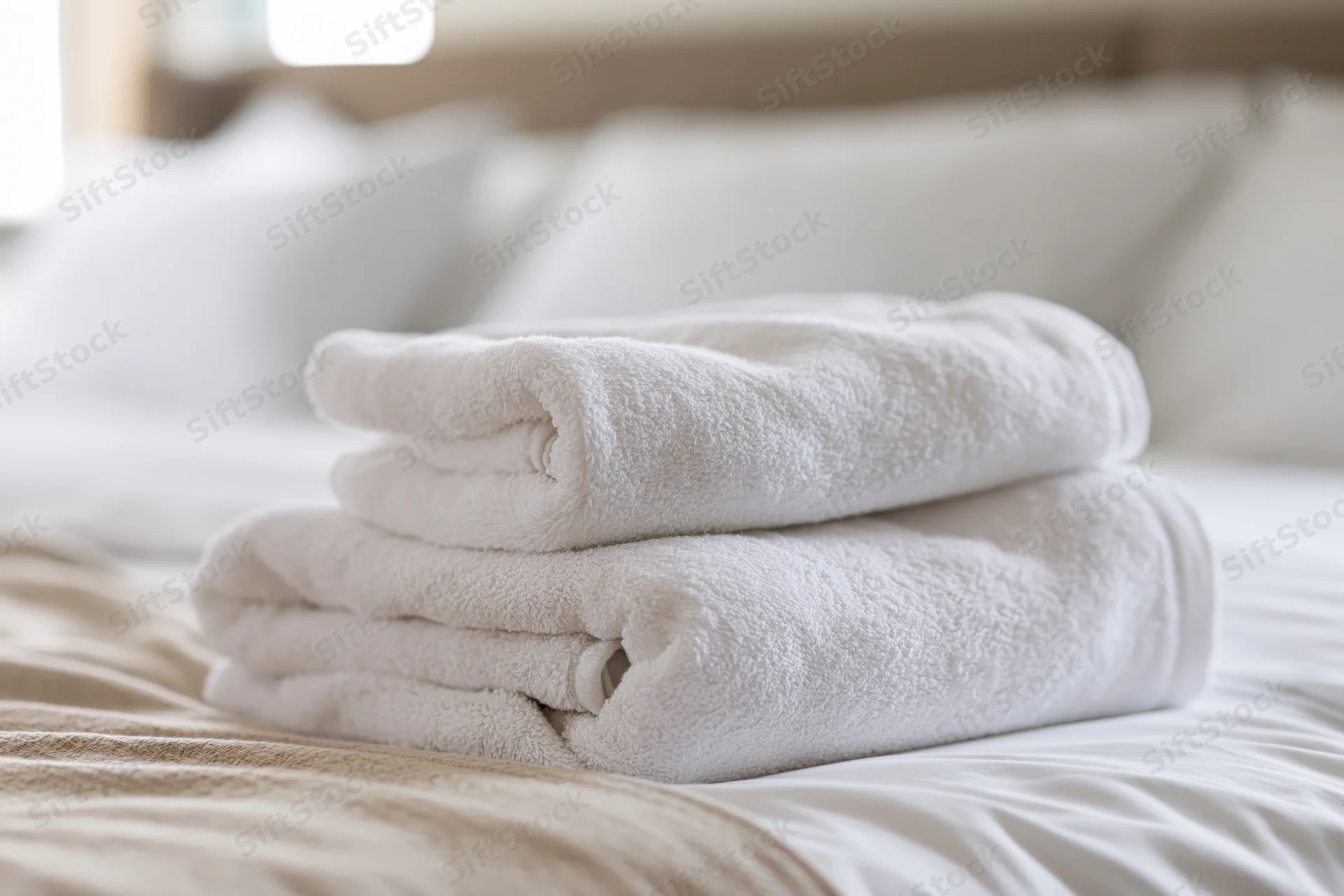 Two neatly folded white terry towels stacked on a freshly made bed
