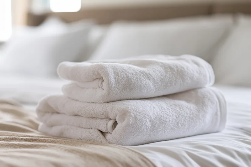 Two neatly folded white terry towels stacked on a freshly made bed