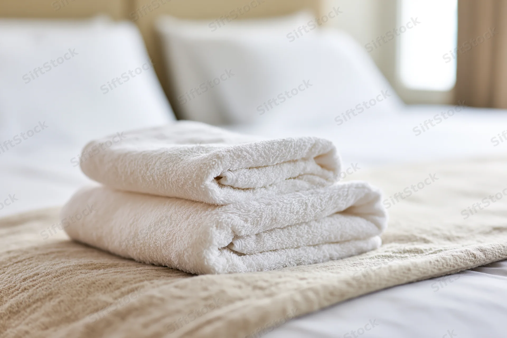 Two folded white terry towels stacked on a bed in a hotel room