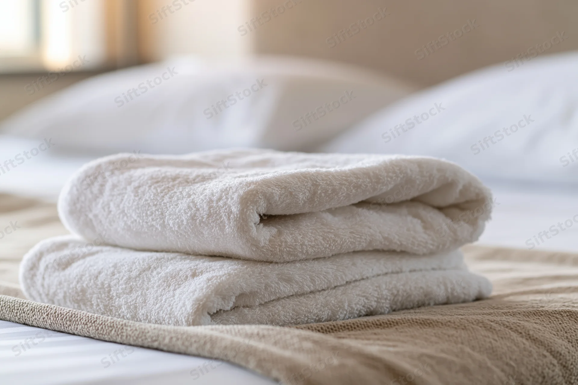 Two folded white terry towels stacked on a made bed in a hotel room