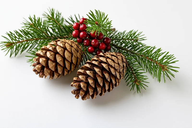 Pine cones and evergreen sprigs with red berries arranged on white background