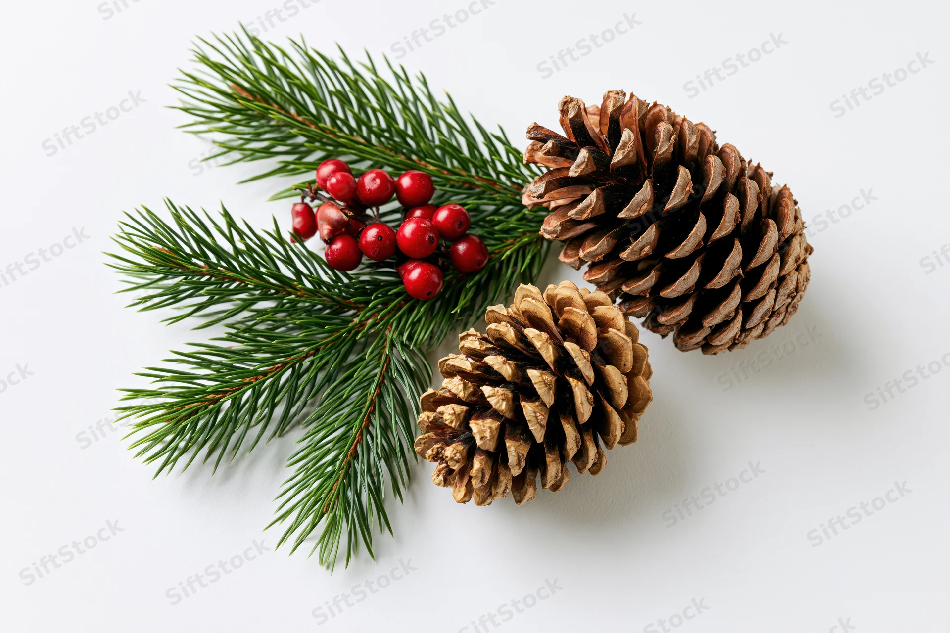 Pine cones and evergreen sprigs with red berries arranged on white background