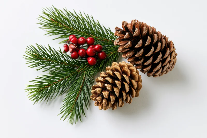 Pine cones and evergreen sprigs with red berries arranged on white background