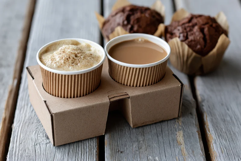 Two ripple-sleeve kraft paper coffee cups in a cardboard holder with chocolate muffins on a wooden table
