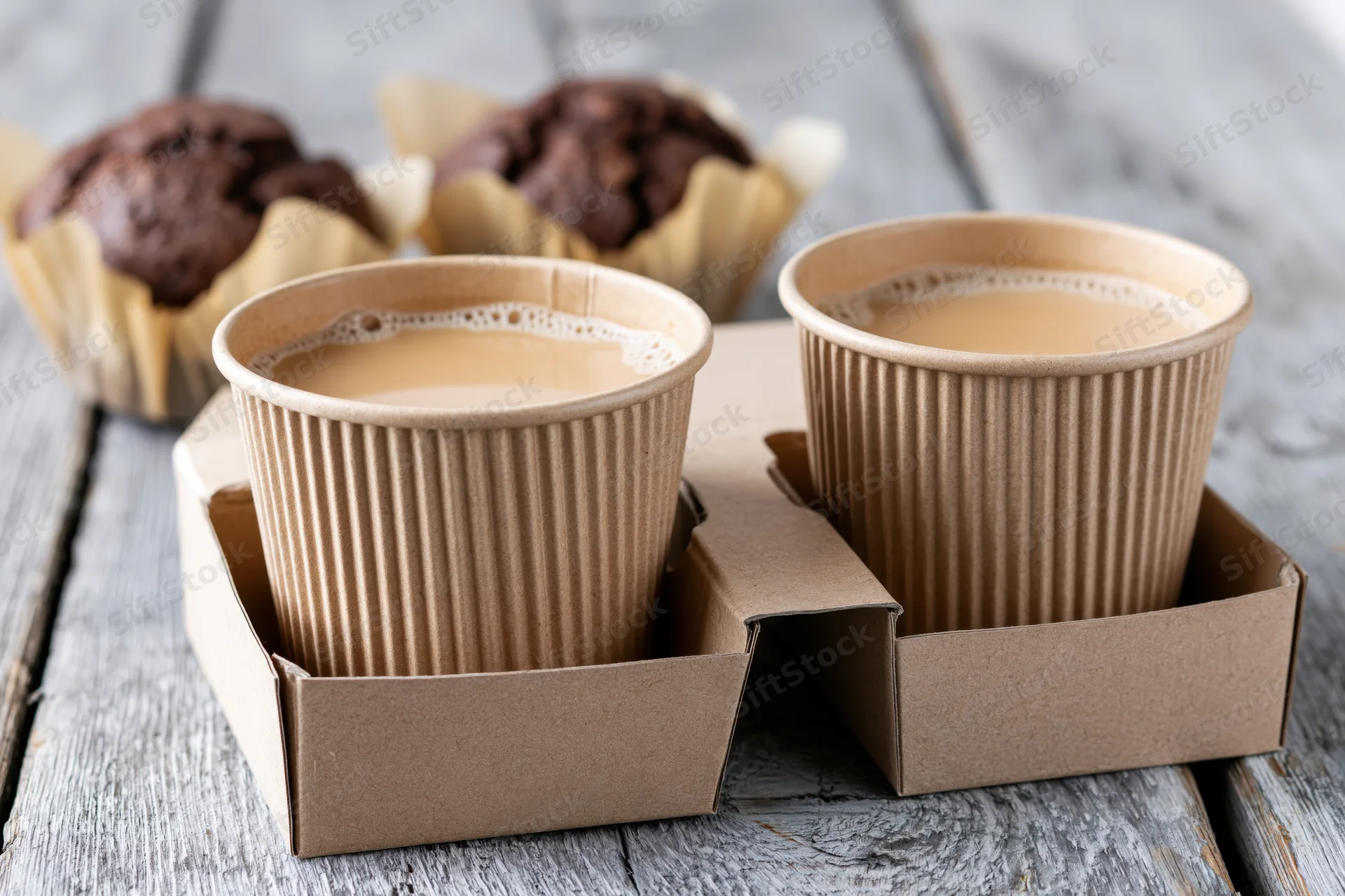 Two ripple-sleeve kraft paper coffee cups in cardboard holders with chocolate muffins on a wooden table