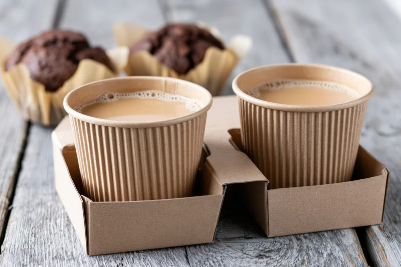 Two ripple-sleeve kraft paper coffee cups in cardboard holders with chocolate muffins on a wooden table