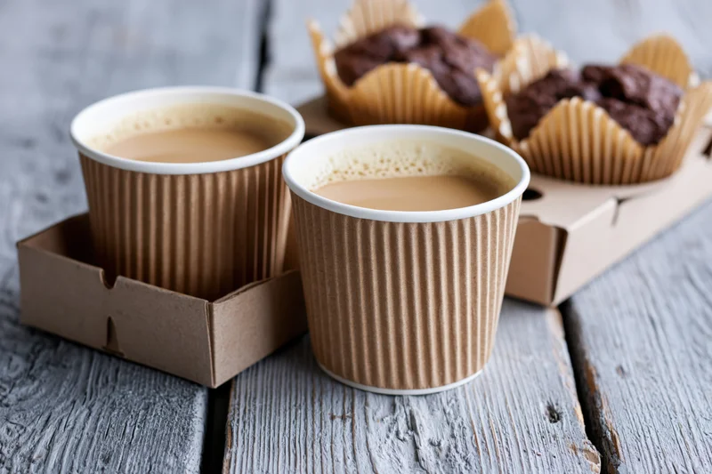 Two ripple-sleeve kraft paper takeaway coffee cups filled with coffee on a wooden surface beside chocolate muffins in a cardboard tray