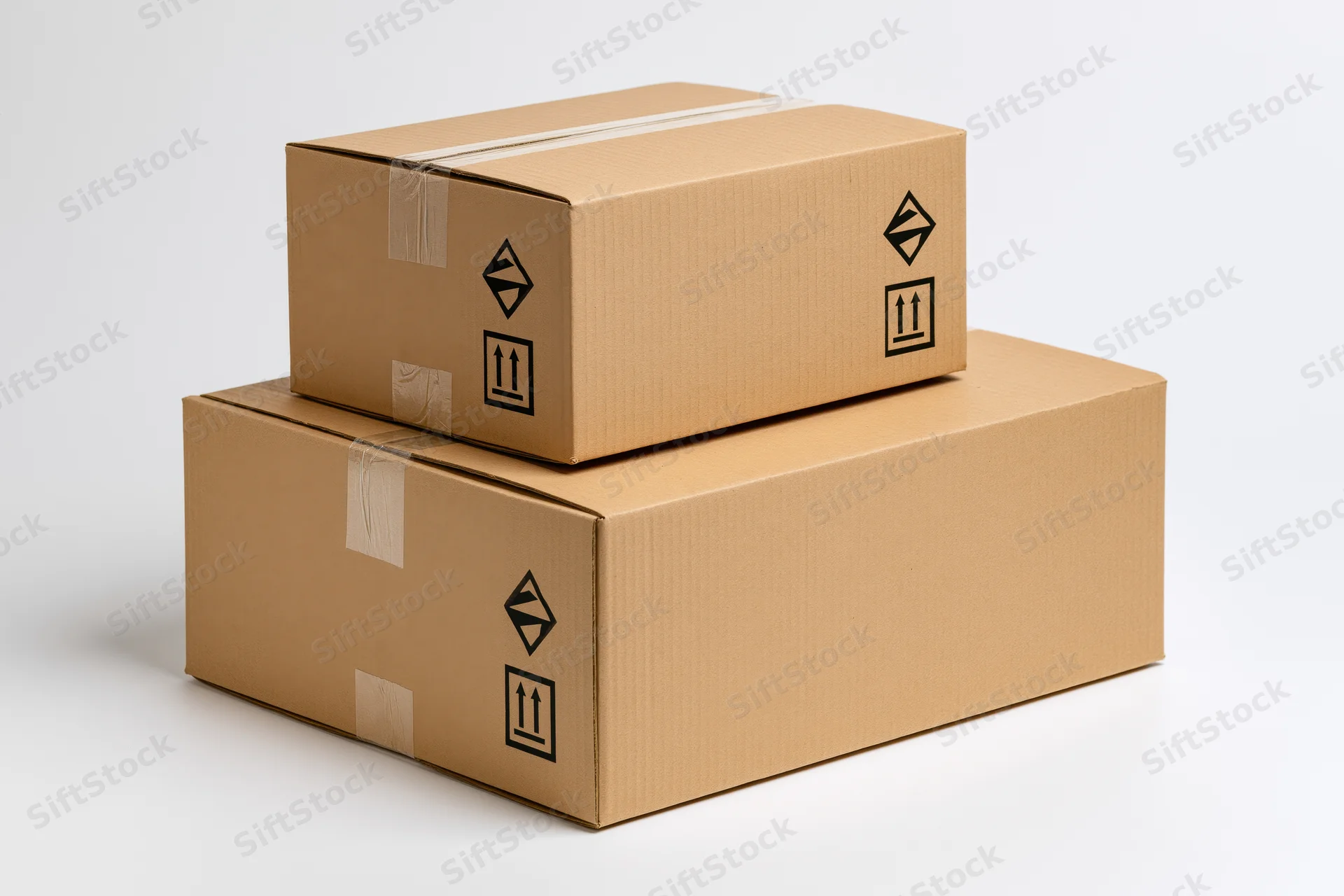 Two sealed corrugated cardboard shipping boxes stacked on a white background