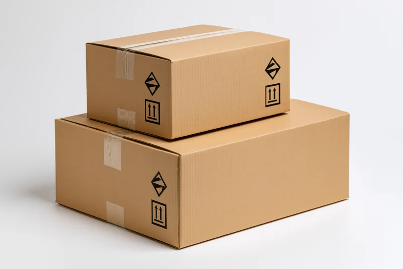 Two sealed corrugated cardboard shipping boxes stacked on a white background